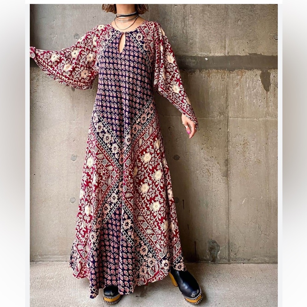 Vintage 70s Indian Blockprint dress one size OS excellent condition boho hippie